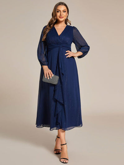 Plus Size Long Sleeve V-Neck Chiffon Twist Knot A-Line Evening Dress #color_Navy Blue