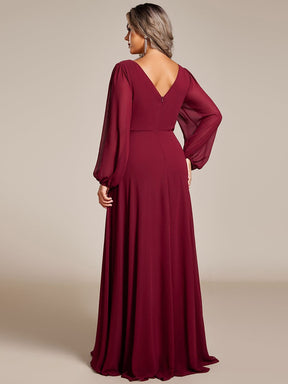 Plus Size Pleated Double V-Neck Long Sleeves Shiny Belt Chiffon Evening Dress