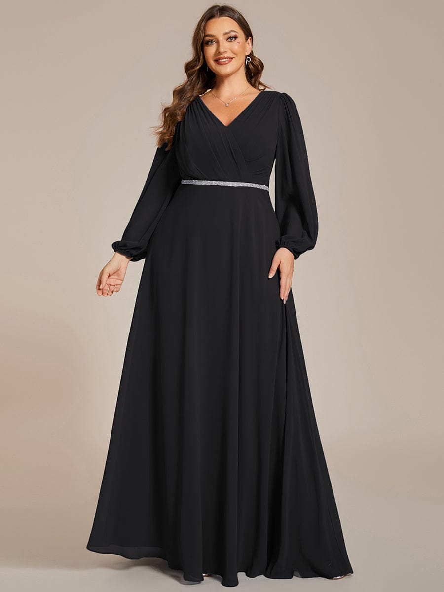 Plus Size Pleated Double V-Neck Long Sleeves Shiny Belt Chiffon Evening Dress #color_Black