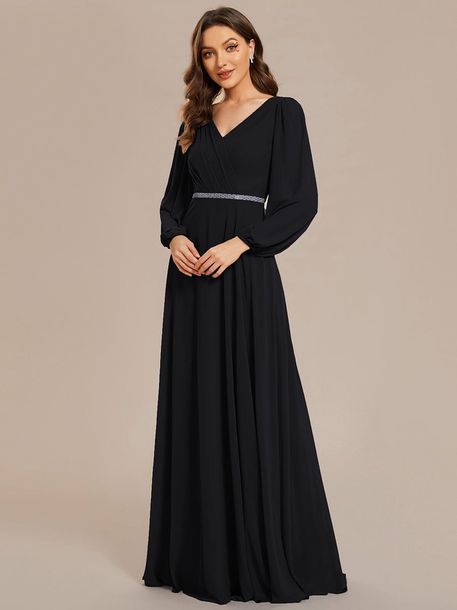 Pleated Double V-Neck Long Sleeves Shiny Belt Chiffon Evening Dress #color_Black