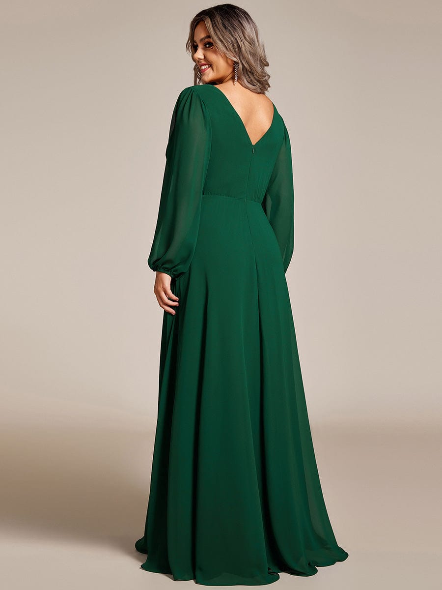 Plus Size Pleated Double V-Neck Long Sleeves Shiny Belt Chiffon Evening Dress