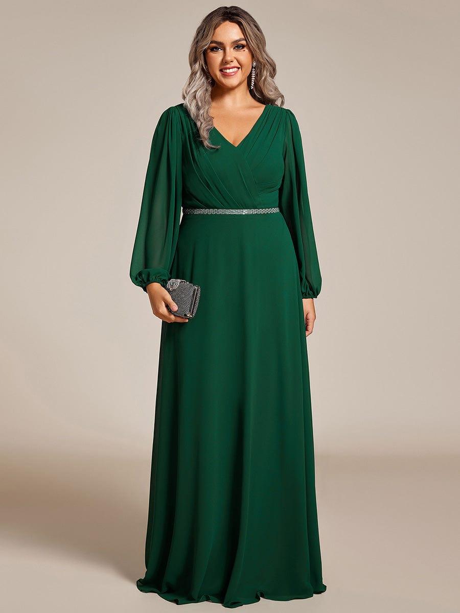 Plus Size Pleated Double V-Neck Long Sleeves Shiny Belt Chiffon Evening Dress #color_Dark Green