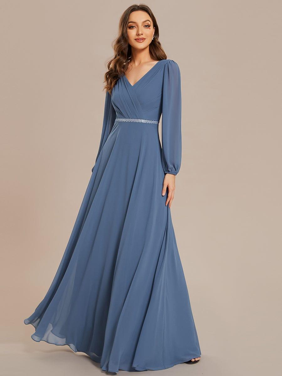 ESMÉE Pleated Double V Neck Long Sleeves Shiny Belt Chiffon Evening Dress