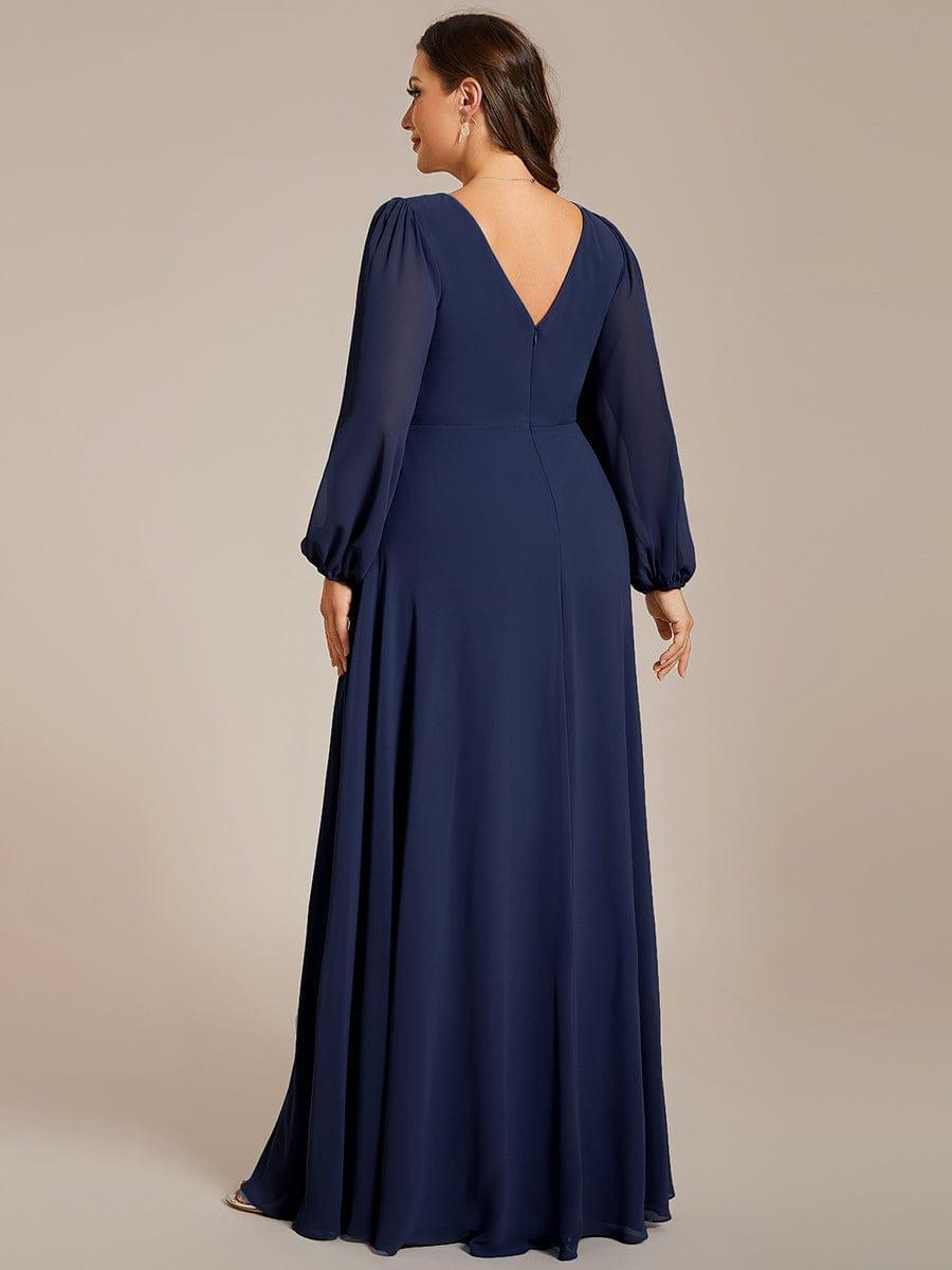 Plus Size Pleated Double V-Neck Long Sleeves Shiny Belt Chiffon Evening Dress #color_Navy Blue