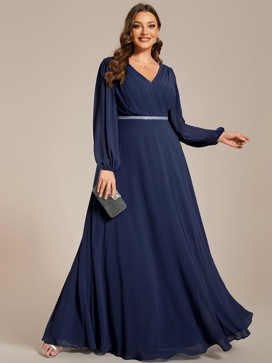 Plus Size Pleated Double V-Neck Long Sleeves Shiny Belt Chiffon Evening Dress #color_Navy Blue