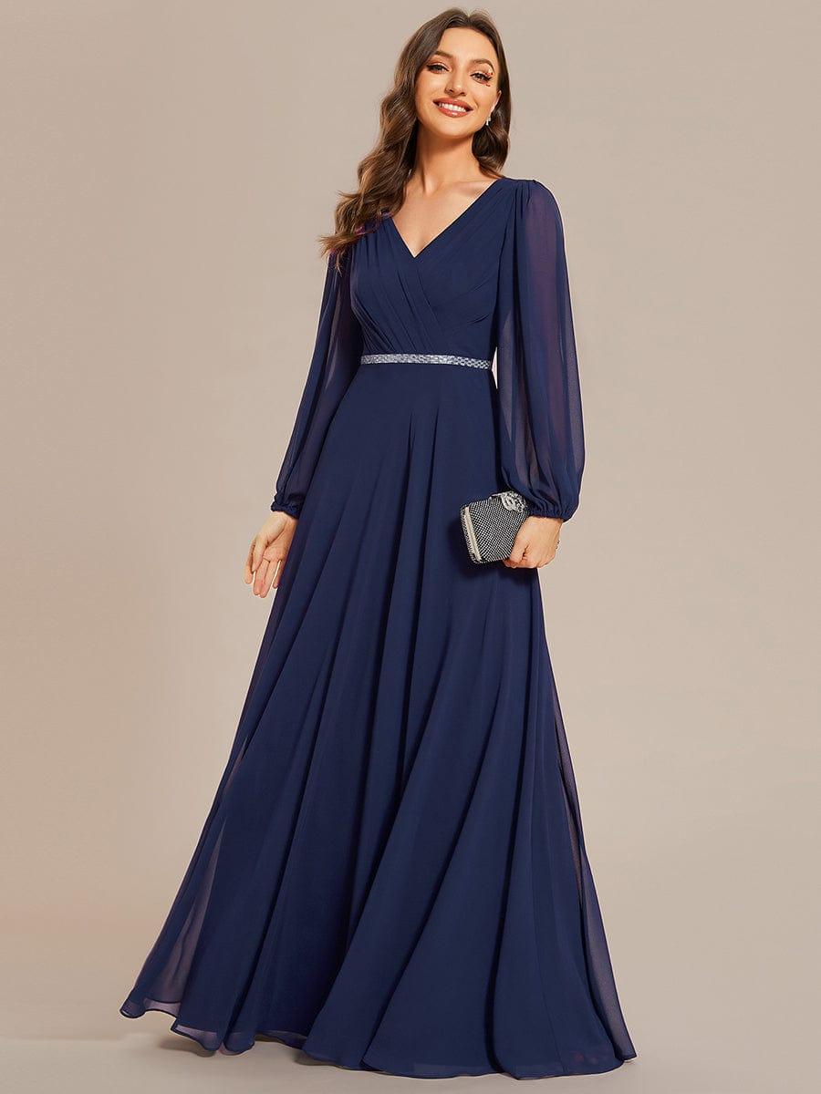 Shop Double V-Neck See-Through Long Sleeves Chiffon A-Line Evening