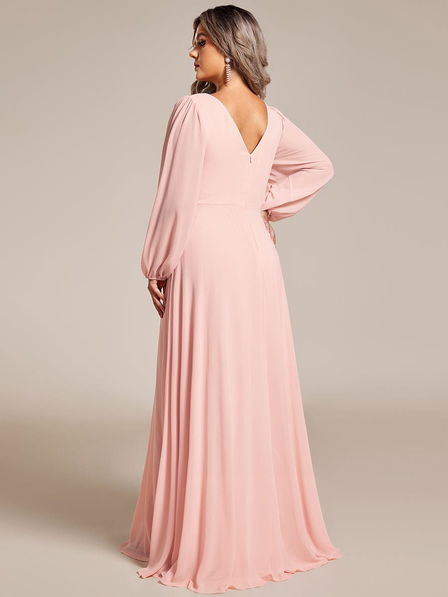 Plus Size Pleated Double V-Neck Long Sleeves Shiny Belt Chiffon Evening Dress #color_Pink