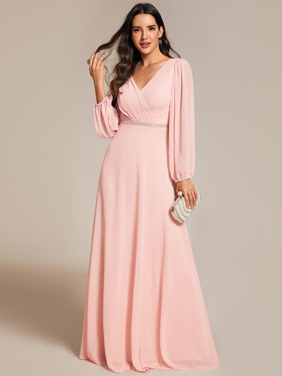 Pleated Double V-Neck Long Sleeves Shiny Belt Chiffon Evening Dress #color_Pink