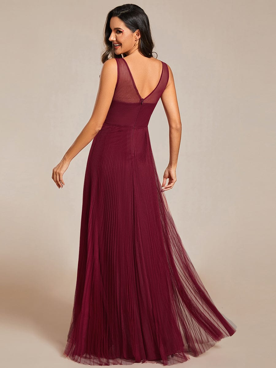 Elegant V-Neck Floor-Length A-Line Tulle Evening Dress #color_Burgundy