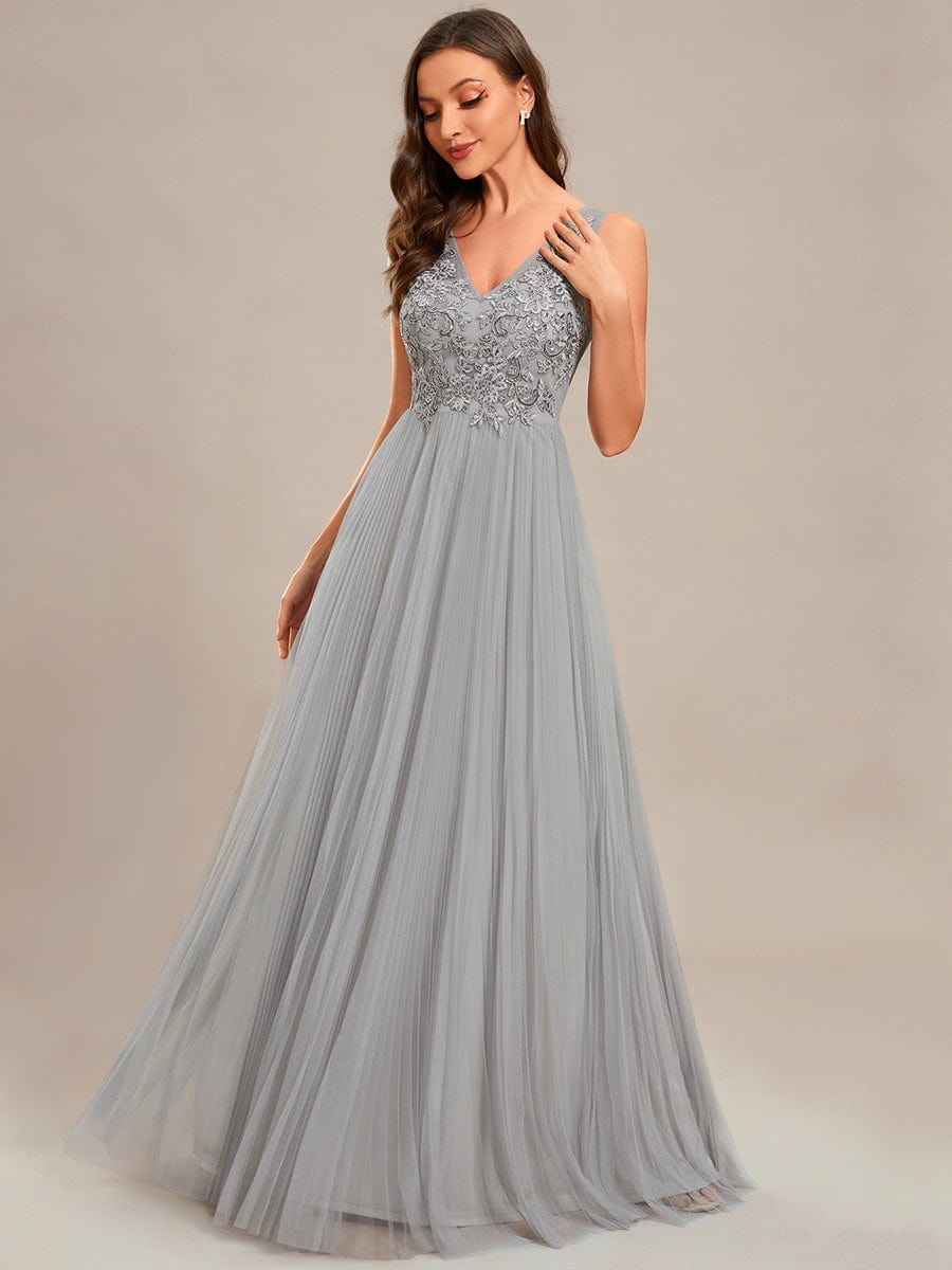 Elegant V-Neck Floor-Length A-Line Tulle Evening Dress #color_Grey