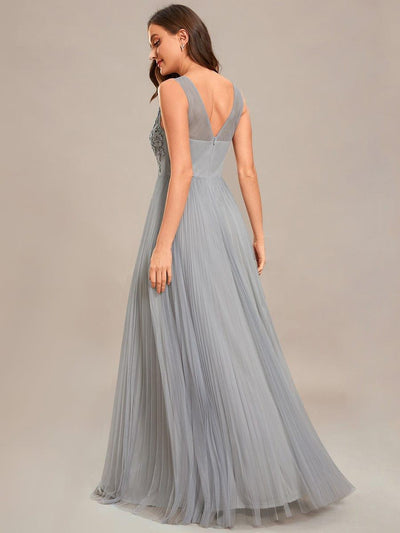 Elegant V-Neck Floor-Length A-Line Tulle Evening Dress #color_Grey