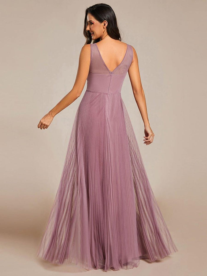 Lace and Tulle Floor Length Dress with V neck Dusk