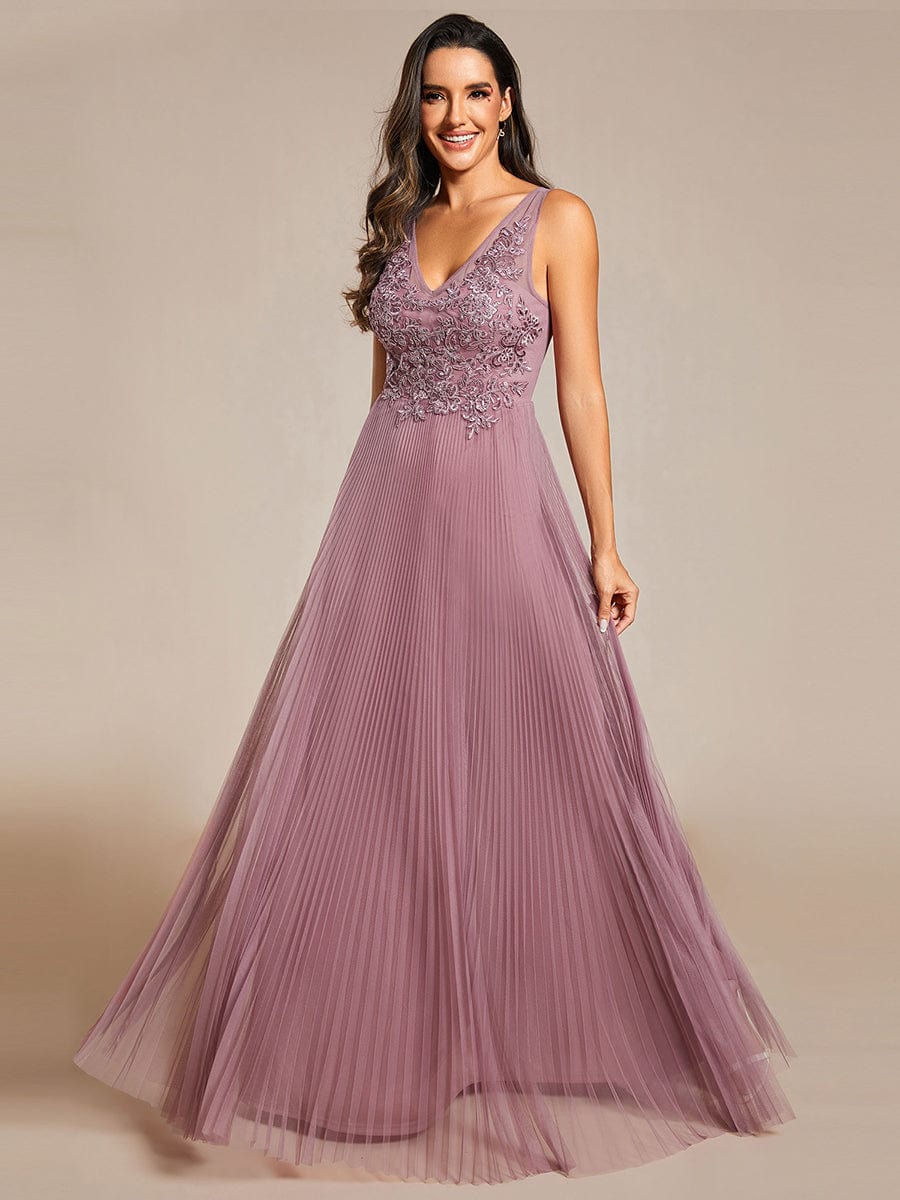 Elegant V-Neck Floor-Length A-Line Tulle Evening Dress #color_Purple Orchid