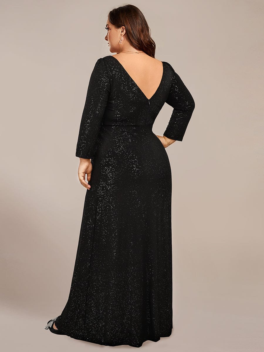 Plus Size Long Sleeve V-Neck Glitter High Slit Evening Dress #color_Black