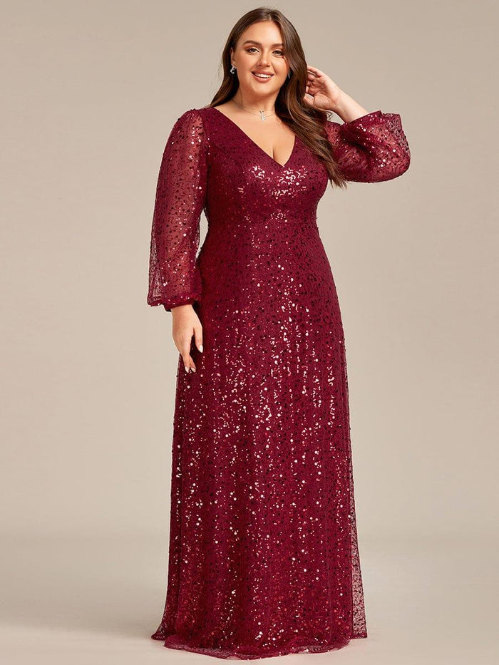 Sequin V-Neck Lantern Sleeve Maxi Dress