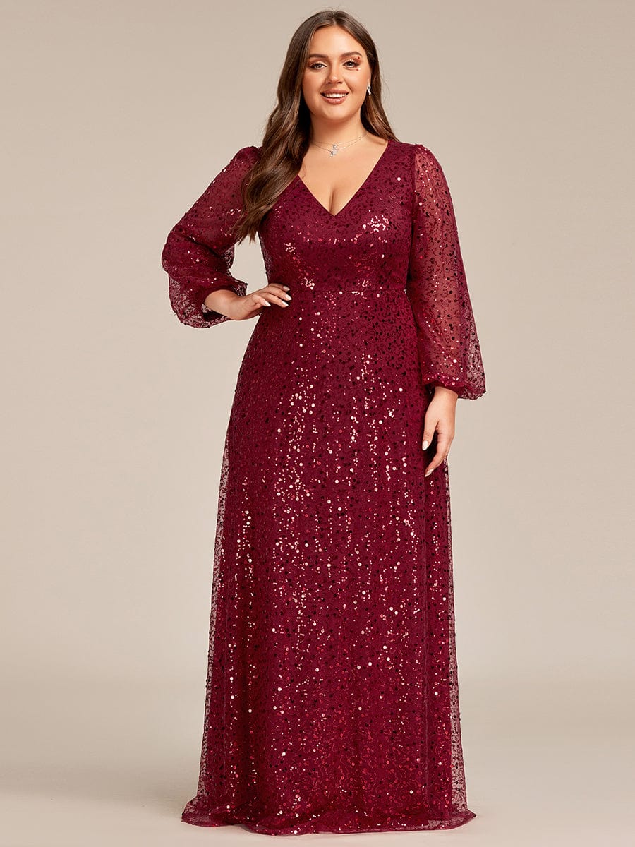 Plus Size V-Neck Lantern Long Sleeve Sequin A-Line Evening Dress #color_Burgundy