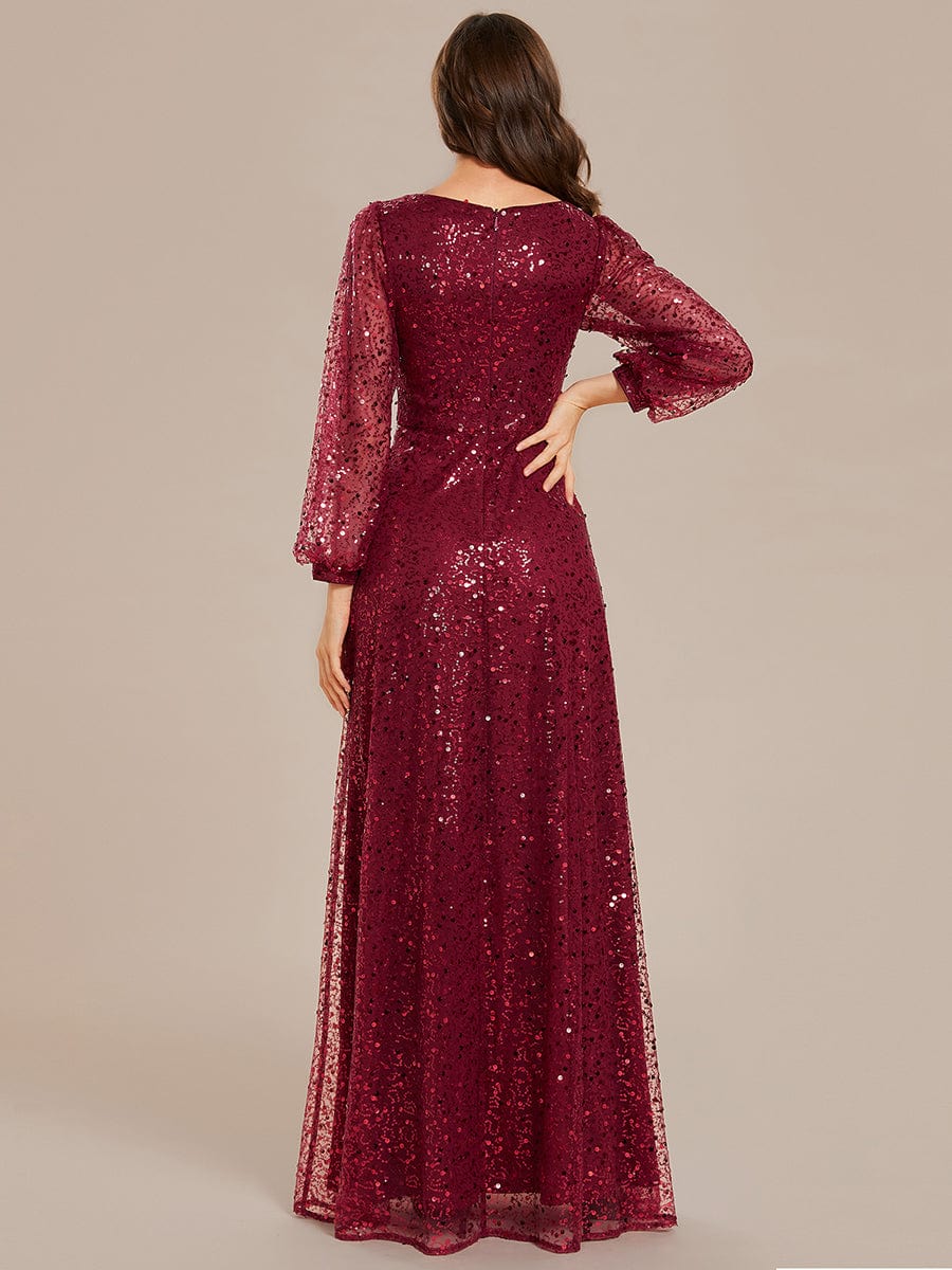 V-Neck Lantern Long Sleeve Sequin A-Line Evening Dress #color_Burgundy