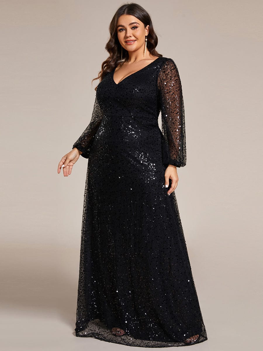 Plus Size V-Neck Lantern Long Sleeve Sequin A-Line Evening Dress #color_Black