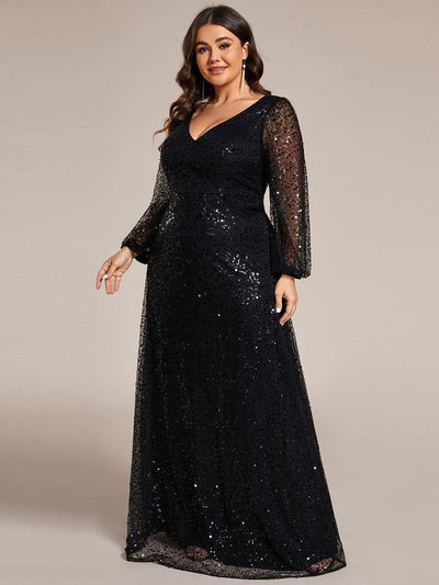 Plus Size V-Neck Lantern Long Sleeve Sequin A-Line Evening Dress #color_Black