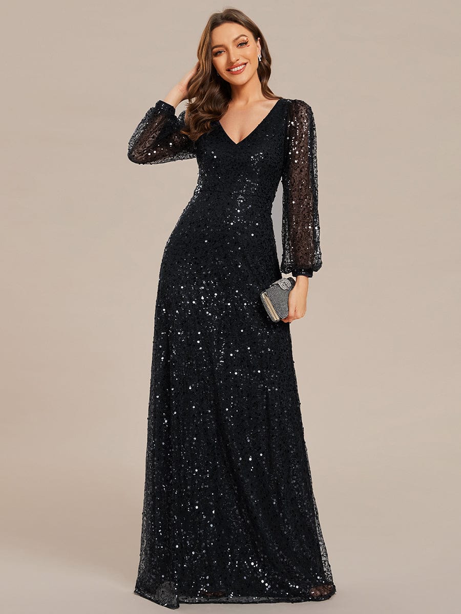 V-Neck Lantern Long Sleeve Sequin A-Line Evening Dress #color_Black