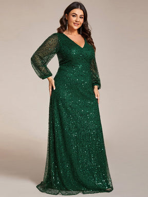 Plus Size V-Neck Lantern Long Sleeve Sequin A-Line Evening Dress