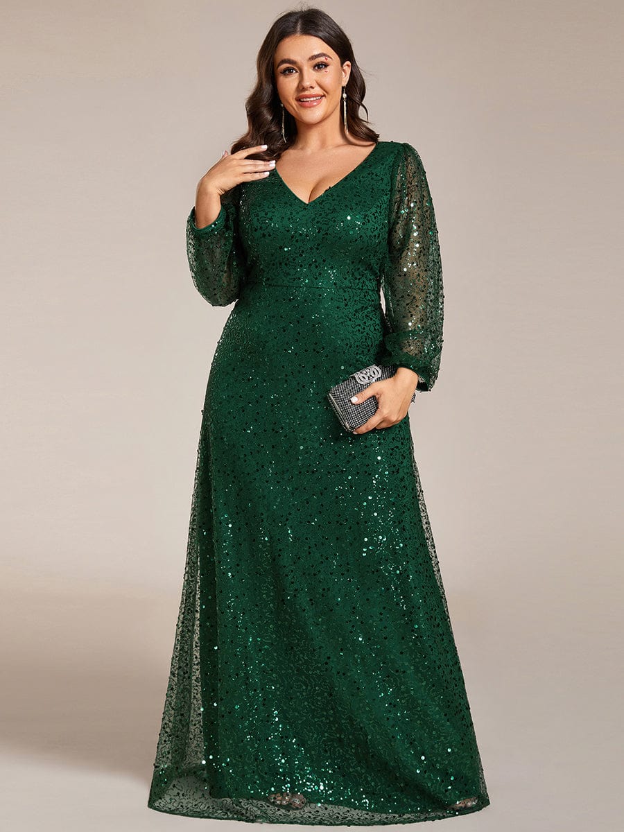 Plus Size V-Neck Lantern Long Sleeve Sequin A-Line Evening Dress