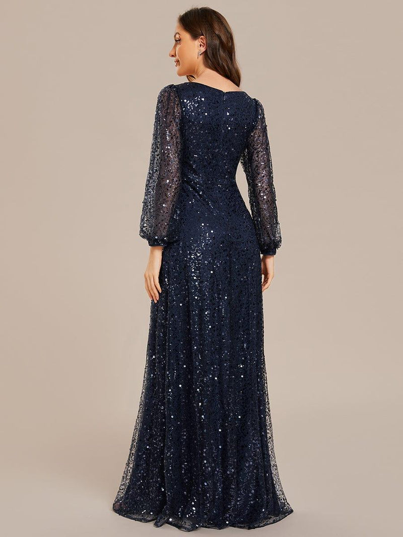Shop V-Neck Long Sleeve Sequin A-Line Evening Dress