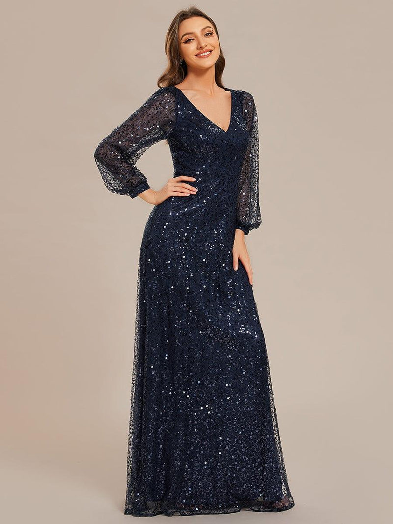 Shop V-Neck Long Sleeve Sequin A-Line Evening Dress