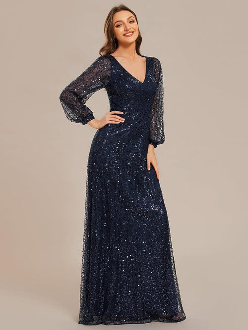 Lantern Sleeve V-neck Sequin Cocktail Dress