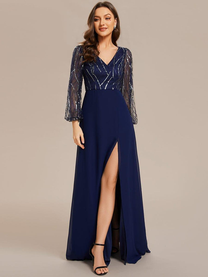 Sequines Beaded Long Sleeve A-line Long Girl Dress Slate Blue