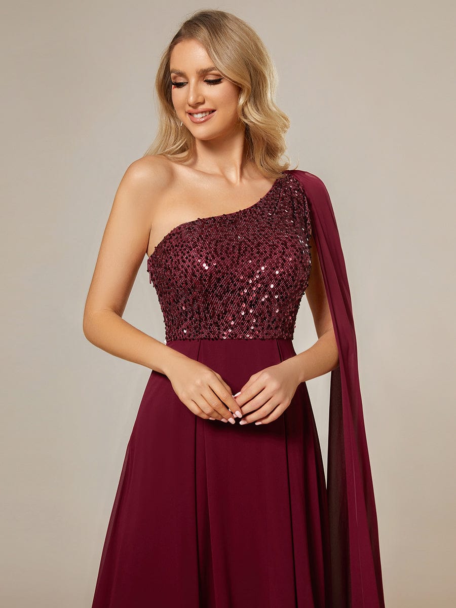 Sequined Elegance One-Shoulder Evening Dress with Flowy Chiffon - Ever ...
