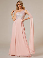 Sleeveless Chiffon A-Line Shinny Sequin Bodice One Shoulder Evening Dress #color_Pink