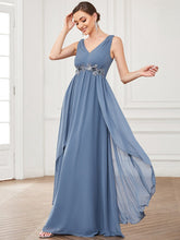 V-Neck Sleeveless Chiffon Sequin Waist A-Line Evening Dress #color_Dusty Navy