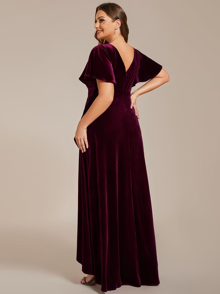 Plus Size High-Low A-Line Velvet Evening Dress #color_Burgundy