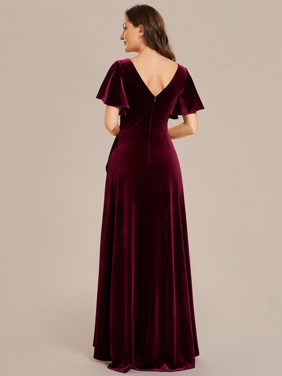 Elegant Double V-Neck Short Sleeves Velvet Evening Dress #color_Burgundy