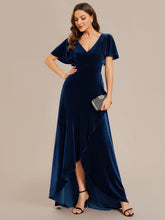 Elegant Double V-Neck Short Sleeves Velvet Evening Dress #color_Navy Blue