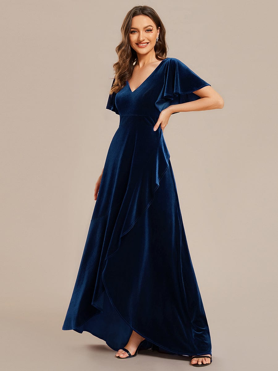 Elegant Double V-Neck Short Sleeves Velvet Evening Dress