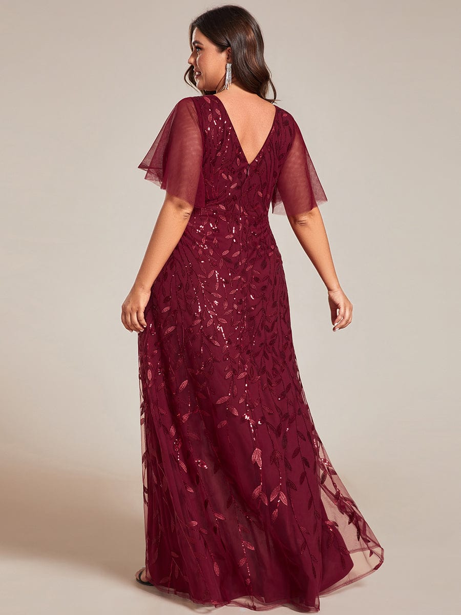 Plus Size V-Neck Sequined Evening Dresses with High Slit #color_Burgundy