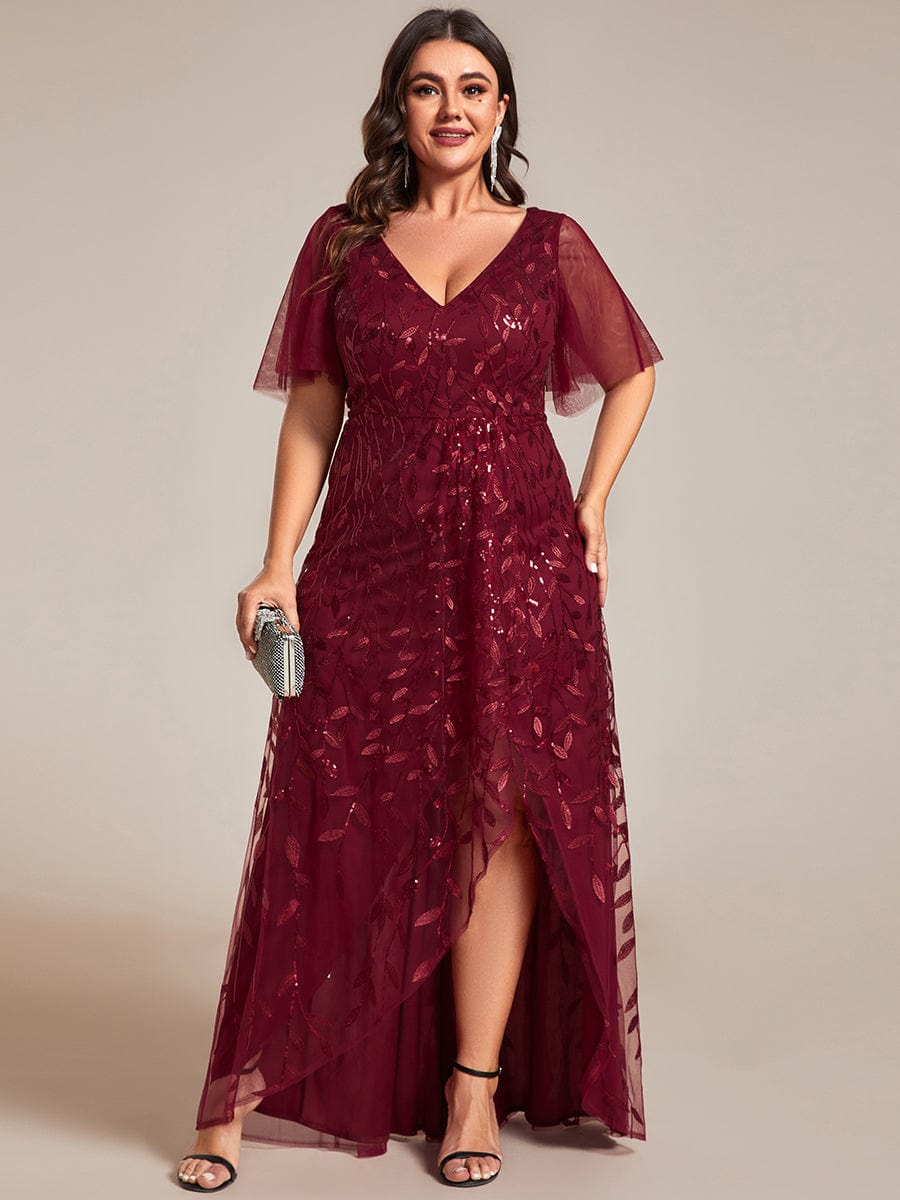 Plus Size V-Neck Sequined Evening Dresses with High Slit #color_Burgundy