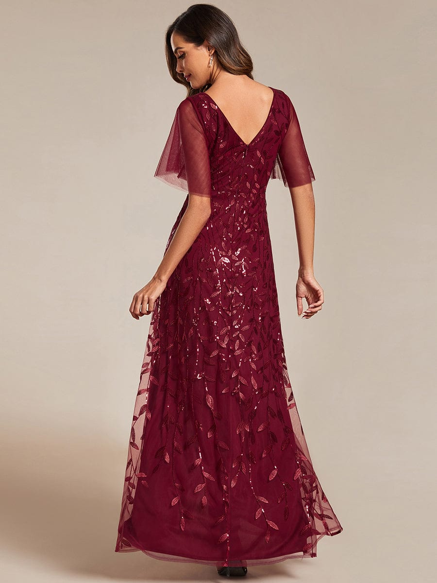 V-Neck Sequined Evening Dresses with High Slit #color_Burgundy
