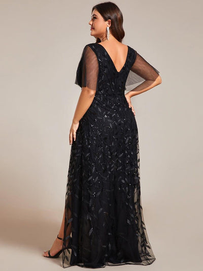 Plus Size V-Neck Sequined Evening Dresses with High Slit #color_Black
