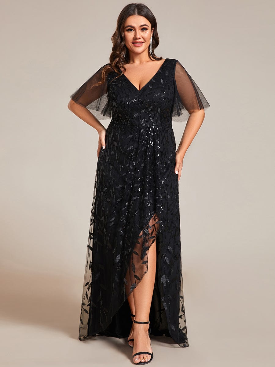 Plus Size V-Neck Sequined Evening Dresses with High Slit #color_Black