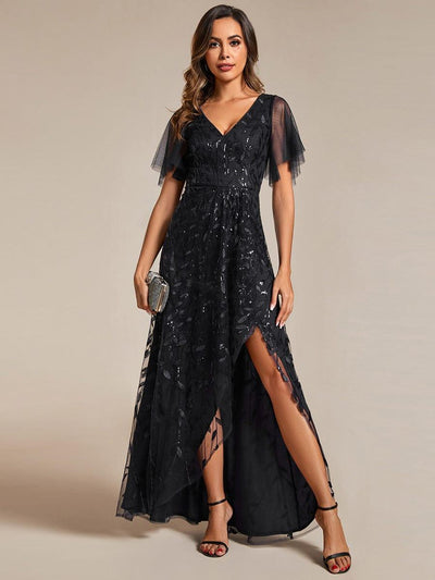 V-Neck Sequined Evening Dresses with High Slit #color_Black