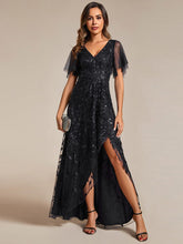 V-Neck Sequined Evening Dresses with High Slit #color_Black