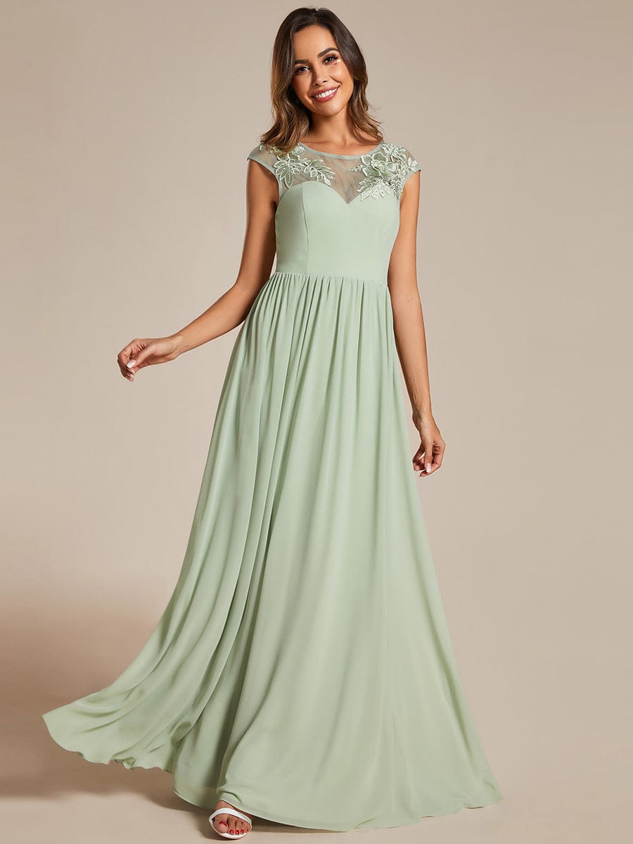 A-Line Cap Sleeves Round Neck Chiffon Evening Dress with Shoulder Print #color_Mint Green