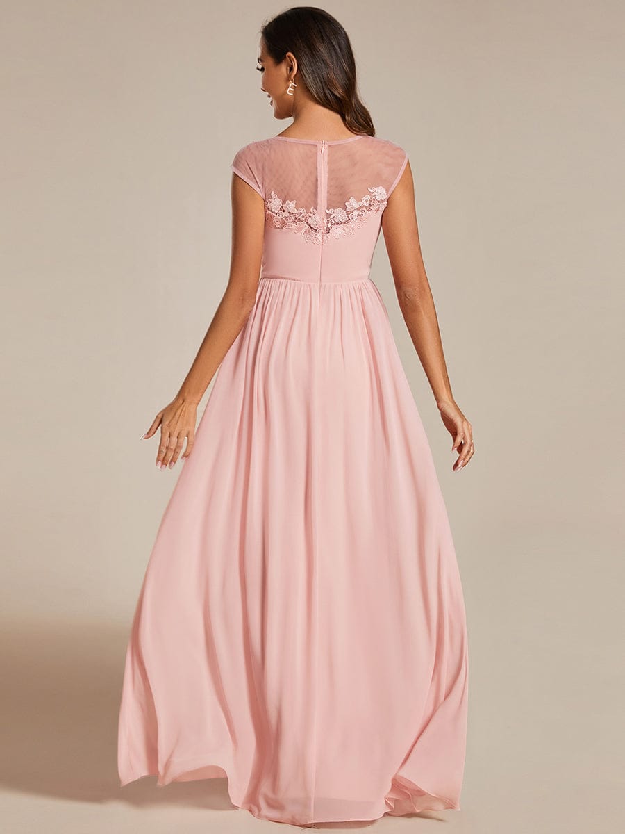 A-Line Cap Sleeves Round Neck Chiffon Evening Dress with Shoulder Print #color_Pink