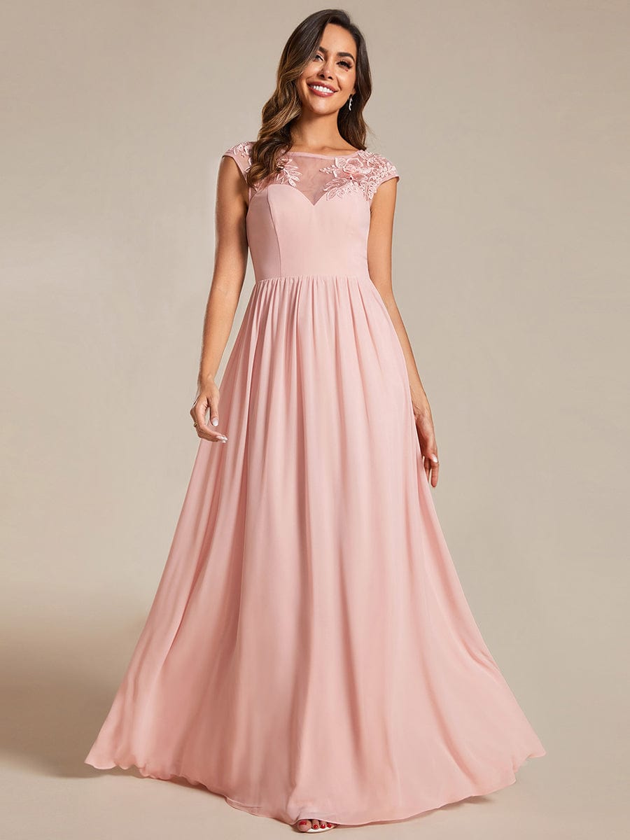 A-Line Cap Sleeves Round Neck Chiffon Evening Dress with Shoulder Print #color_Pink