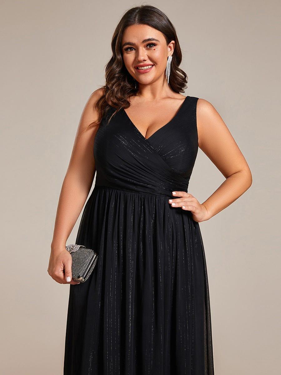 Plus Size V-Neck Sleeveless Evening Dresses with Delicate Glitter #color_Black