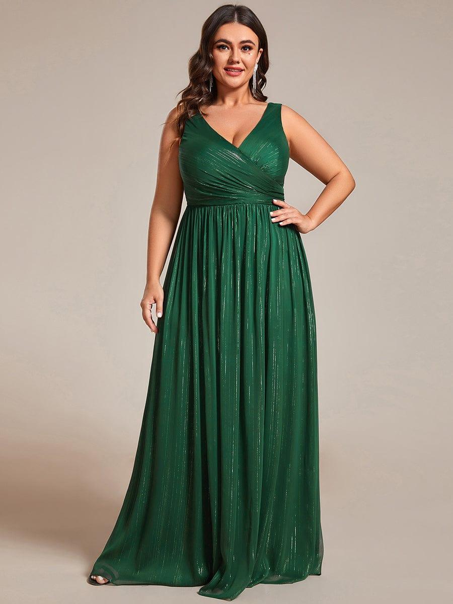 Plus Size V-Neck Sleeveless Evening Dresses with Delicate Glitter #color_Dark Green
