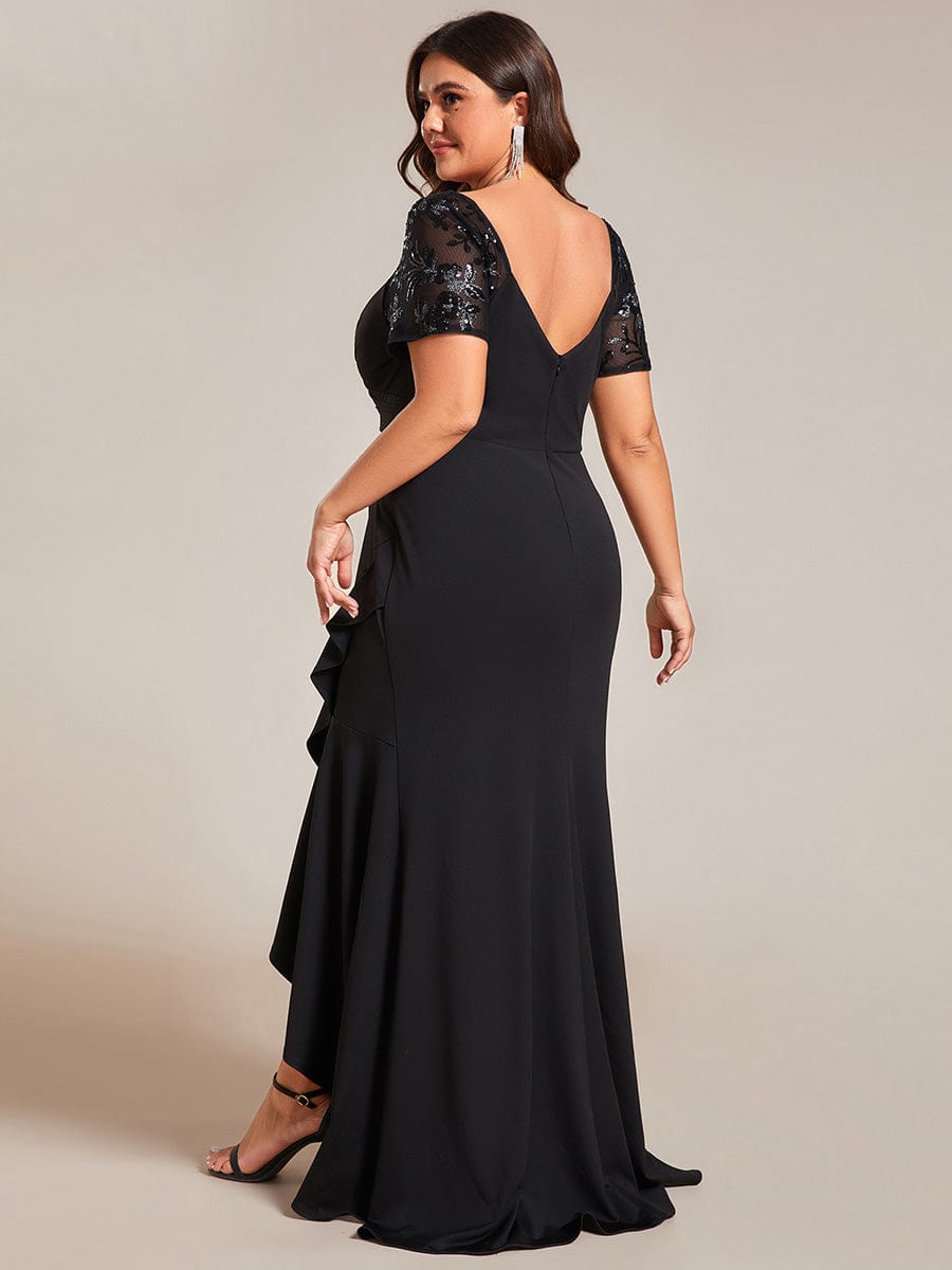 Plus Size Short-Sleeved V-Neck Bodycon Fishtail Evening Dresses showcasing High-Low #color_Black
